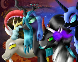 Size: 2500x2000 | Tagged: safe, artist:lastbutnotalise, discord, king sombra, nightmare moon, queen chrysalis, changeling, changeling queen, pony, unicorn, every villain, villains of equestria