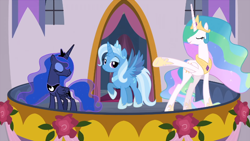 Size: 700x394 | Tagged: safe, derpibooru import, edit, princess celestia, princess luna, trixie, alicorn, pony, the last problem, alicornified, race swap, trixiecorn