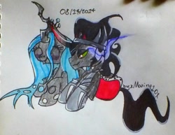 Size: 768x593 | Tagged: safe, artist:xmaxine10x, king sombra, queen chrysalis, changeling, changeling queen, pony, unicorn, blushing, chibi, chrysombra, cute, cutealis, female, male, shipping, sombradorable, straight, traditional art