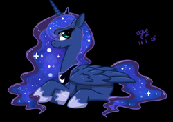 Size: 3507x2480 | Tagged: safe, artist:ogre, princess luna, alicorn, pony, black background, pixiv, prone, simple background, solo