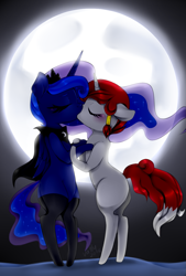 Size: 967x1433 | Tagged: safe, artist:va1ly, princess luna, oc, alicorn, pony, bipedal, canon x oc, cape, clothes, female, full moon, kissing, lesbian, moon, shipping