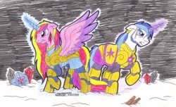 Size: 1429x871 | Tagged: safe, artist:artistnjc, princess cadance, shining armor, alicorn, pony, unicorn, armor, battlefield, blood, crystal, crystal empire, facial hair, female, fight, game of thrones, gritted teeth, injured, magic, male, messy hair, scar, shiningcadance, shipping, snow, spread wings, straight, traditional art, war, wings