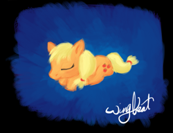 Size: 1167x896 | Tagged: safe, artist:wingbeatpony, applejack, earth pony, pony, eyes closed, female, ponytail, prone, signature, sleeping, smiling, solo