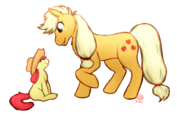 Size: 684x449 | Tagged: safe, artist:felan-tae, apple bloom, applejack, earth pony, pony, accessory swap, hat