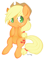 Size: 439x605 | Tagged: safe, artist:sulna, applejack, earth pony, pony, chibi, simple background, solo