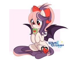 Size: 3351x2850 | Tagged: safe, artist:xwhitedreamsx, oc, oc only, oc:sweet velvet, bat pony, pony, abstract background, bow, clothes, cute, drinking, female, hair bow, juice, juice box, mare, ocbetes, red eyes, sitting, solo, stockings, thigh highs