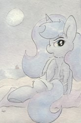 Size: 688x1045 | Tagged: safe, artist:slightlyshade, princess luna, alicorn, pony, beach, bikini, bikini bottom, clothes, looking at you, moonbutt, sailboat, solo, swimsuit, traditional art, water