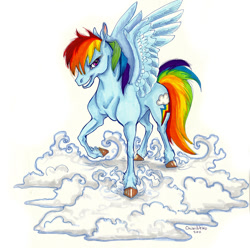 Size: 900x894 | Tagged: safe, artist:segdavinci, rainbow dash, pegasus, pony, blue mane, cloud, female, mare, multicolored mane