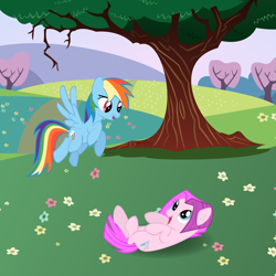 Size: 1280x1280 | Tagged: safe, artist:bc92, rainbow dash, vidala swoon, earth pony, pegasus, pony, background pony, female, flying, happy, mare, on back