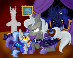 Size: 1280x1024 | Tagged: safe, artist:pvrii, princess luna, oc, oc:charcoal dash, oc:midnight radiance, bat pony, pony, female, filly, night guard, watermark