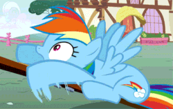 Size: 400x252 | Tagged: safe, screencap, rainbow dash, pegasus, pony, applebuck season, animated, cute, dashabetes, flailing, hoofy-kicks, loop, noodle arms, oh crap, open mouth, prone, scared, seesaw, solo, spread wings, talking, wide eyes, wings