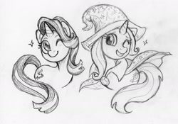 Size: 1760x1235 | Tagged: artist needed, source needed, safe, derpibooru import, starlight glimmer, trixie, pony, unicorn, cute, female, mare, monochrome, one eye closed, pencil drawing, simple background, smiling, traditional art, white background, wink