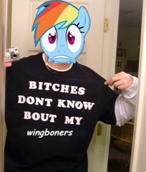 Size: 468x552 | Tagged: safe, edit, rainbow dash, pegasus, pony, blue coat, female, mare, meme, multicolored mane, solo, wingboner