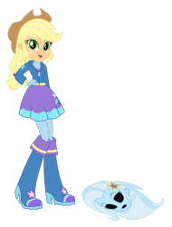 Size: 1368x1797 | Tagged: safe, derpibooru import, edit, applejack, trixie, equestria girls, bodysuit, clothes, costume, disguise, female, freckles, hat, mask, masking, simple background, transparent background, trixie suit