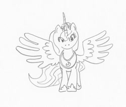 Size: 637x540 | Tagged: safe, artist:ciaran, derpibooru exclusive, princess luna, alicorn, pony, monochrome, simple background, sketch, solo, spread wings