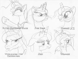 Size: 900x682 | Tagged: safe, artist:ciaran, princess luna, alicorn, pony, expressions, monochrome, simple background, sketch