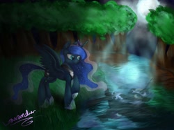 Size: 2048x1536 | Tagged: safe, artist:lav-cavalerie, nightmare moon, princess luna, alicorn, pony, forest, lake, moon, night, reflection, solo, water