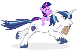 Size: 1280x838 | Tagged: safe, artist:the smiling pony, shining armor, twilight sparkle, pony, unicorn, bbbff, brother and sister, cute, determined, eyes closed, female, filly, grin, happy, male, mouth hold, open mouth, ponies riding ponies, running, saddle bag, siblings, simple background, smiling, smirk, transparent background, twiabetes, vector, younger