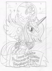 Size: 1202x1655 | Tagged: safe, artist:ciaran, derpibooru exclusive, princess luna, alicorn, pony, grin, mare in the moon, monochrome, moon, sketch, smiling, solo, spread wings, tarot card, tarot:once upon a time, traditional art