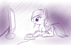 Size: 833x526 | Tagged: safe, artist:fajeh, rainbow dash, pegasus, pony, monitor, monochrome, mouth hold, solo, stylus, tablet