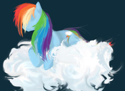 Size: 1024x745 | Tagged: safe, artist:mirumitsu, rainbow dash, pegasus, pony, cloud, female, mare, no face, prone, simple background, solo