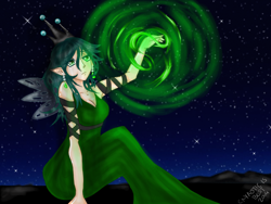 Size: 1024x768 | Tagged: safe, artist:cryaoticisbest, queen chrysalis, human, elf ears, humanized, magic, night, sitting, solo, stars, winged humanization