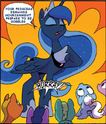 Size: 367x431 | Tagged: safe, artist:jay fosgitt, edit, idw, princess luna, alicorn, pony, comic, dialogue, gobbled, imminent vore, ponies eating ponies, text edit, willing vore