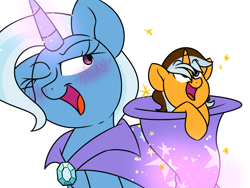 Size: 1024x768 | Tagged: safe, artist:korgikardigan, derpibooru import, trixie, oc, oc:cheese whiz, pony, unicorn, crack shipping, female, hat, magic, mare, momma trixie, offspring, parent:cheese sandwich, parent:trixie, parents:cheesixie, simple background