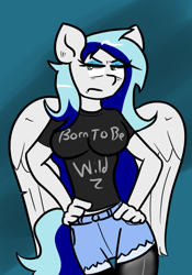 Size: 700x1000 | Tagged: safe, artist:tranzmuteproductions, oc, oc only, oc:sapphire heart song, anthro, pegasus, anthro oc, blue eyeshadow, blue hair, born to be wild, clothes, eyeshadow, jeans, makeup, shirt, shorts, socks, t-shirt, thigh highs