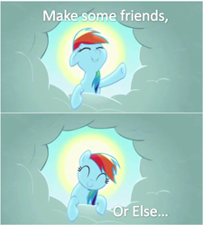 Size: 854x948 | Tagged: safe, rainbow dash, pegasus, pony, blue coat, female, mare, meme, multicolored mane, or else, or else meme, solo