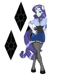 Size: 2550x3300 | Tagged: safe, artist:edoki, rarity, anthro, unguligrade anthro, clothes, corset, crossed legs, cutie mark background, female, garter, garters, high heels, shoes, side slit, simple background, skirt, solo, stockings, thigh highs, transparent background