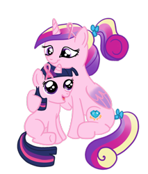 Size: 1280x1503 | Tagged: safe, artist:kuromi, princess cadance, twilight sparkle, alicorn, pony, filly, hug, teen princess cadance