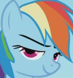 Size: 328x350 | Tagged: safe, rainbow dash, pegasus, pony, bedroom eyes, blue mane, dreamworks face, female, mare, multicolored mane