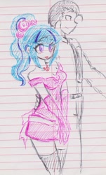 Size: 1360x2245 | Tagged: safe, artist:orochivanus, sonata dusk, oc, oc:dan, equestria girls, blushing, canon x oc, clothes, danata, evening gloves, gloves, lined paper, long gloves, off shoulder, ponytail, skirt, smiling, socks, tanktop, thigh highs, traditional art