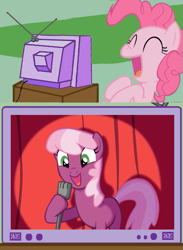 Size: 563x770 | Tagged: safe, cheerilee, pinkie pie, pony, exploitable meme, laughing, meme, stand-up comedy, tv meme