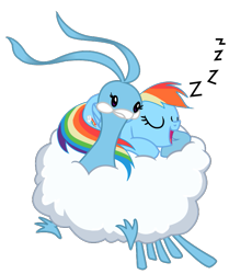 Size: 645x771 | Tagged: safe, artist:seaandsunshine, rainbow dash, pegasus, pony, altaria, crossover, duo, female, mare, nap, pokémon, simple background, sleeping, transparent background, vector, zzz