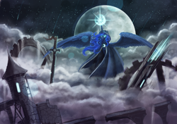 Size: 4960x3500 | Tagged: safe, artist:dalagar, princess luna, alicorn, pony, absurd resolution, cloak, clothes, fog, magic, moon, solo, spread wings, stars, sword, tower, weapon