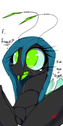 Size: 686x1366 | Tagged: safe, artist:apinklife, queen chrysalis, changeling, changeling queen, insect, antennae, crying, dialogue, drool, fangs, solo, tank chrysalis