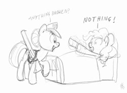 Size: 800x587 | Tagged: safe, artist:carnifex, nurse redheart, pinkie pie, earth pony, pony, dark comedy, gun, implied euthanization, implied murder, monochrome, shotgun, solo, weapon