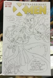 Size: 1024x1491 | Tagged: safe, artist:andypriceart, princess luna, rarity, alicorn, pony, unicorn, iceman, ororo monroe, storm, traditional art, x-men