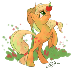 Size: 1028x979 | Tagged: safe, artist:probablyfakeblonde, applejack, earth pony, pony, apple, obligatory apple, rearing, solo