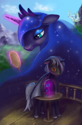 Size: 1052x1606 | Tagged: safe, artist:stasushka, princess luna, oc, oc:corvus, alicorn, pony, beauty and the beast, flower, mirror