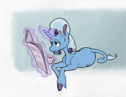 Size: 927x711 | Tagged: safe, artist:enma-darei, derpibooru import, trixie, classical unicorn, pony, unicorn, beard, coffee, female, hair curlers, leonine tail, magic, mare, newspaper, simple background, solo, tea, unshorn fetlocks