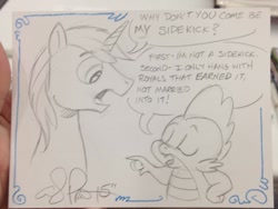 Size: 1024x771 | Tagged: safe, artist:andypriceart, shining armor, spike, dragon, pony, unicorn, horn, male, stallion, traditional art, white coat