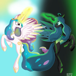 Size: 811x811 | Tagged: safe, artist:nevera573, princess celestia, queen chrysalis, alicorn, changeling, changeling queen, pony, eye contact, flying, frown, glare, glowing horn, looking back, magic, spread wings