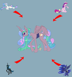 Size: 750x806 | Tagged: safe, artist:deusexequus, princess cadance, princess celestia, princess luna, queen chrysalis, oc, changeling, changeling queen, fusion, simple background