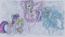 Size: 1952x1121 | Tagged: safe, artist:nephilim rider, derpibooru import, spike, starlight glimmer, trixie, twilight sparkle, twilight sparkle (alicorn), alicorn, dragon, the last problem, alicornified, race swap, starlicorn, traditional art, trixiecorn, winged spike, xk-class end-of-the-world scenario
