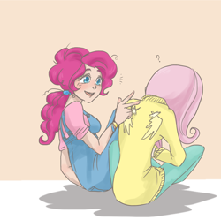 Size: 826x822 | Tagged: safe, artist:bikkisu, fluttershy, pinkie pie, clothes, humanized, prank, sweatershy, wings