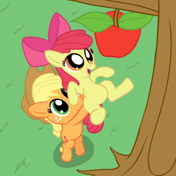 Size: 1200x1200 | Tagged: safe, artist:tranquilmind, apple bloom, applejack, earth pony, pony, apple, bipedal, holding a pony, sisters