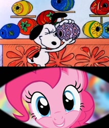Size: 637x749 | Tagged: safe, pinkie pie, dog, earth pony, pony, beagle, easter, easter egg, looking through, peanuts, snoopy